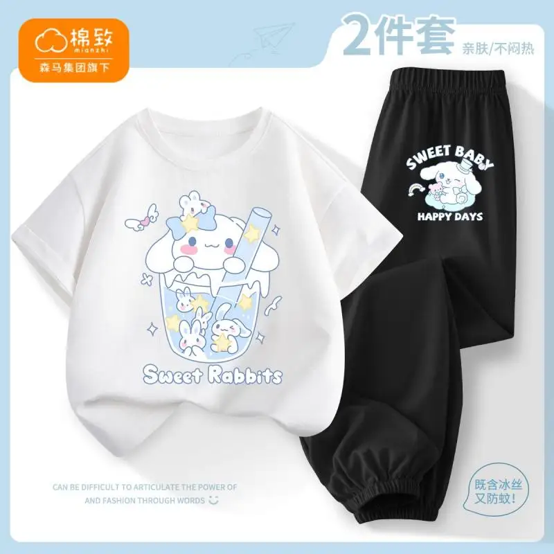 Anime Sanrioed Cinnamoroll Kids Short Sleeve Suit Summer Boys Girls Cotton Tops Cartoon T-Shirt Casual Pant Summer Kids Clothes