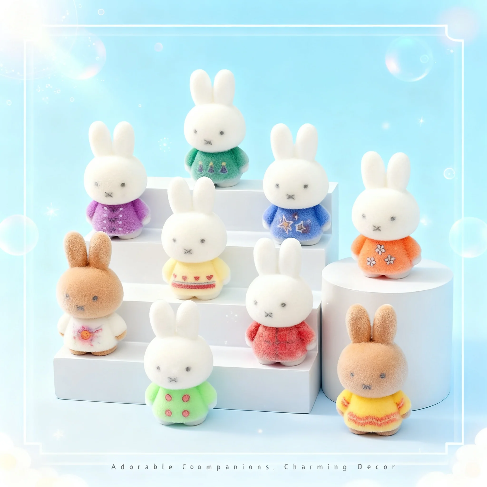 Kawaii Miffy Flocking Doll Blind Box Accessories Set 9PCS Handmade Creative DIY Doll Desktop Decoration Gift Toy for Girl Cute
