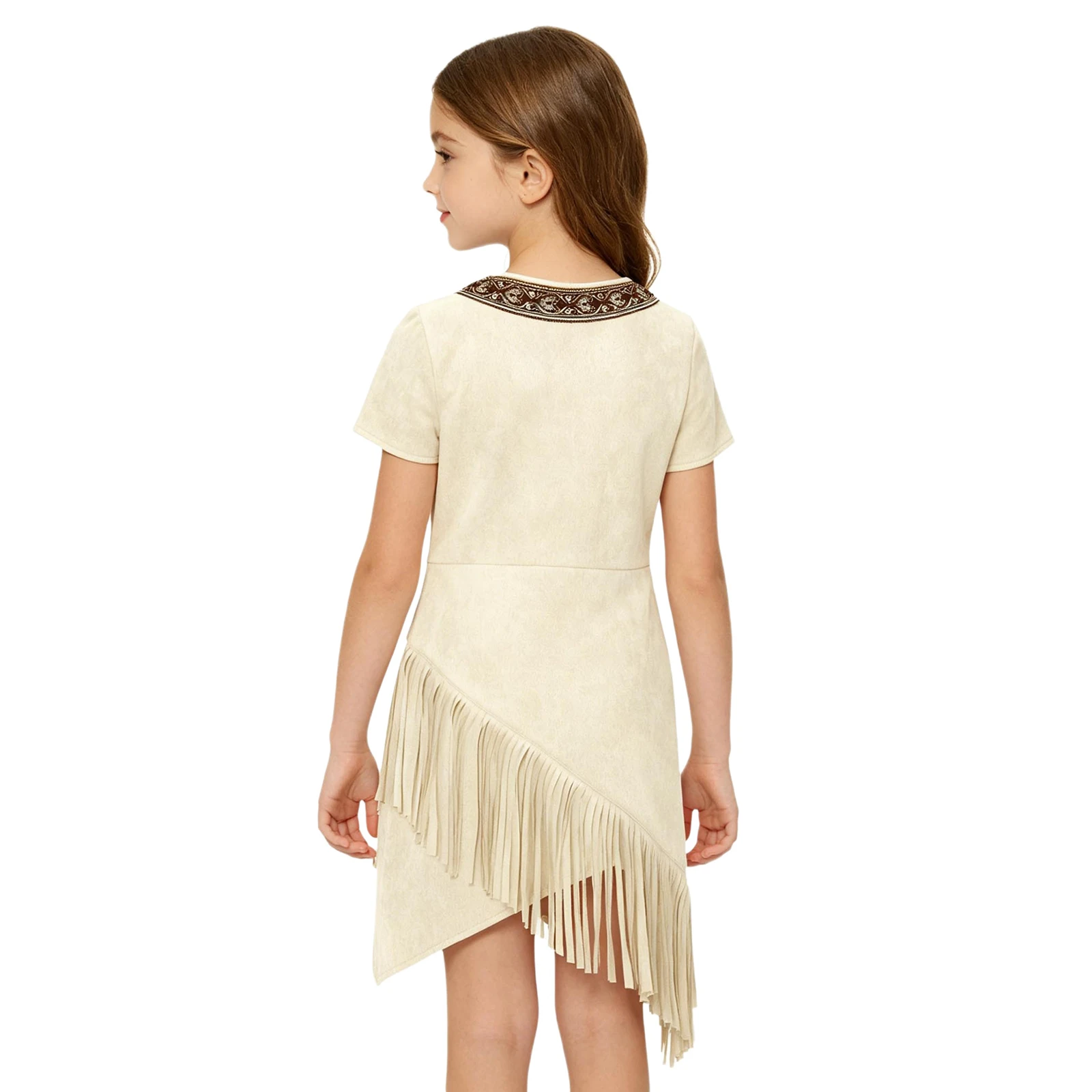 Children Girls Indians Indigenous Dress Halloween Native American Cosplay Costume Short Sleeve Irregular Tassels Hem Suede Dress