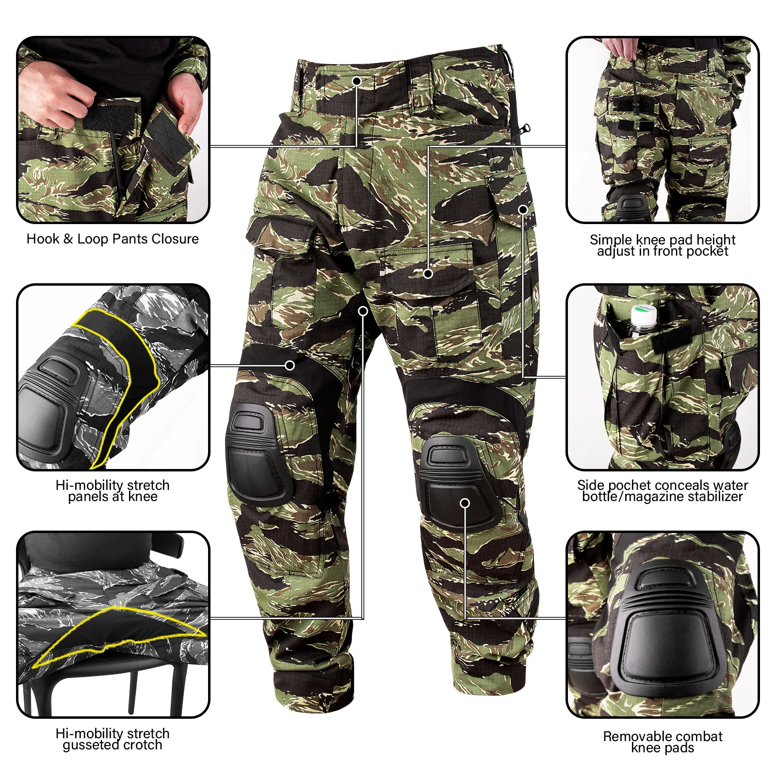 KRYDEX Tactical Combat Pants Hunting Outdoor Sports Hiking Clothes Trousers with knee Pads MC Tiger Stripes Pant