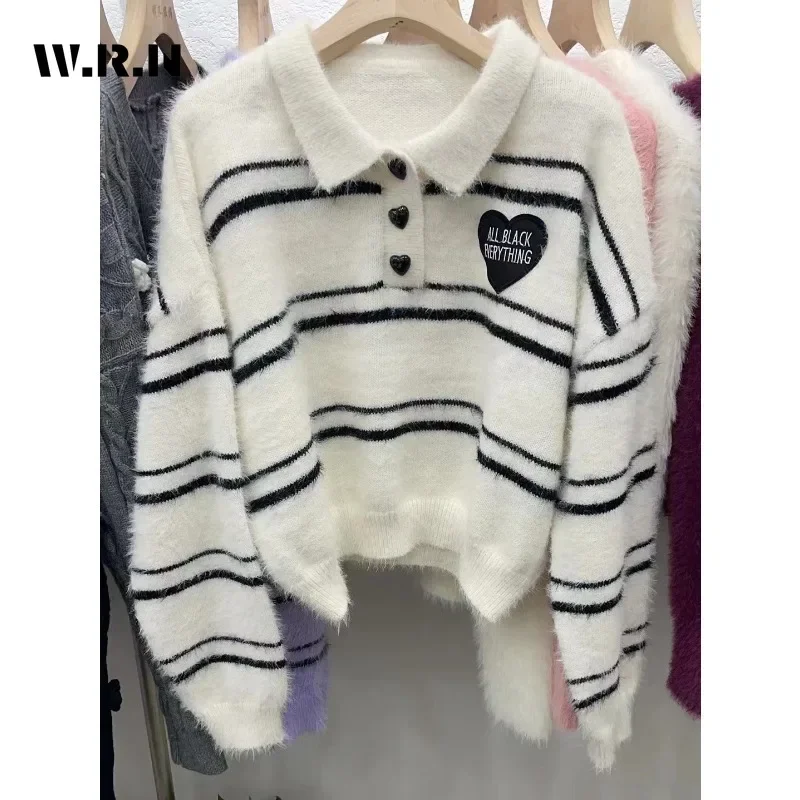 2023 Winter Sweet Casual Y2K Knitting Long Sleeve Heart Appliques Pullovers Korean Fashion Women Striped Slim Ladies Sweater