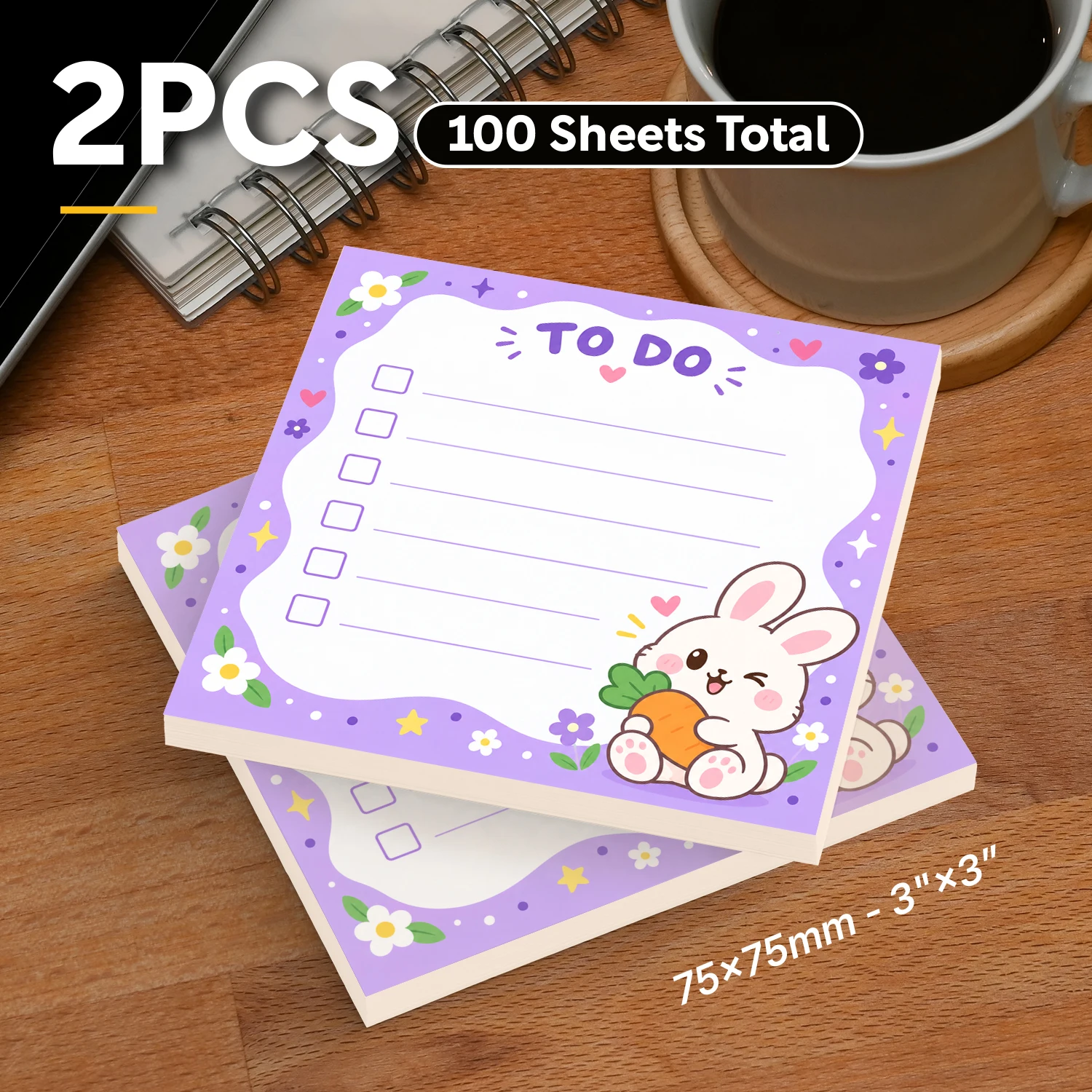 2PCS Cute Bunny To Do List Sticky Notes 100 Sheets Purple Floral Checklist Memo Pads Daily Task Planner Office School Stationery