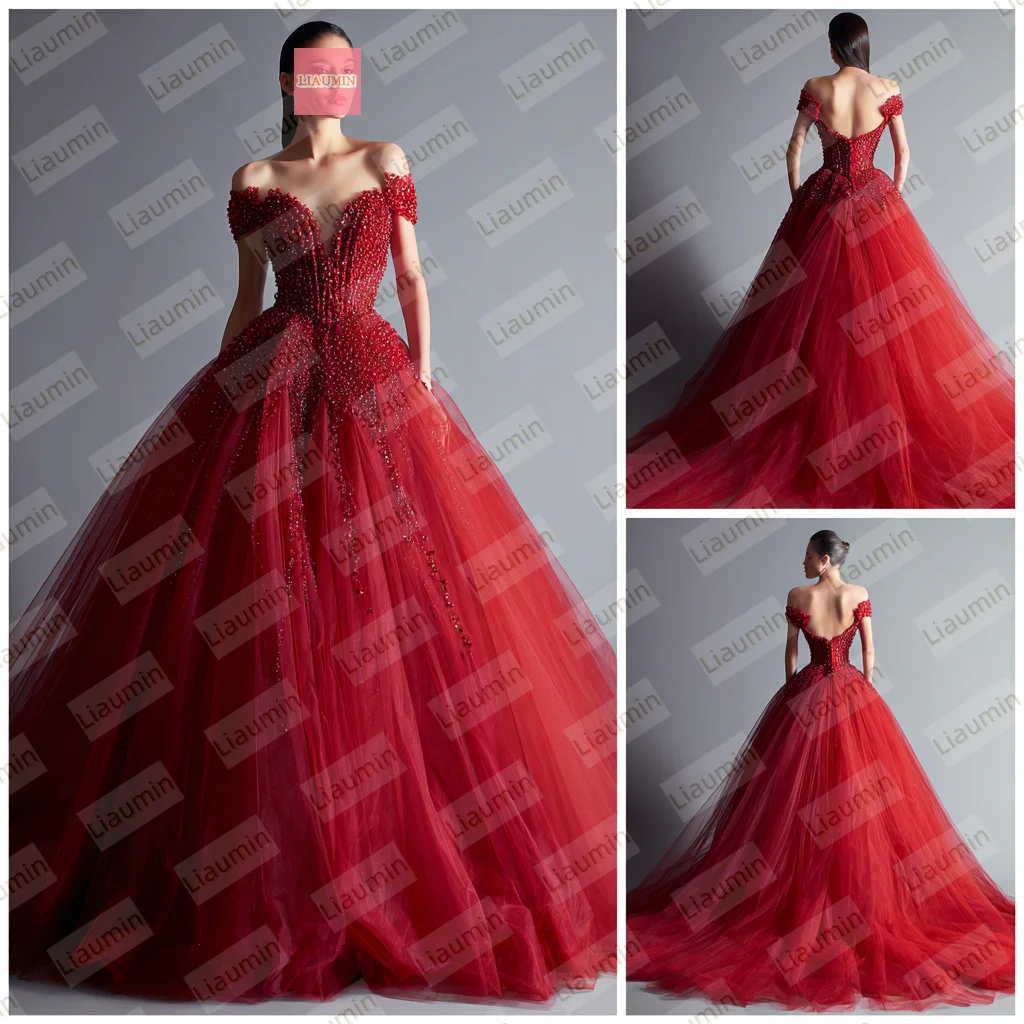 Red A Line Lace Applique Beading Off The Shoulder Wedding Formal Prom Dresses Bridal Floor Length Customized Hand Made W19-41