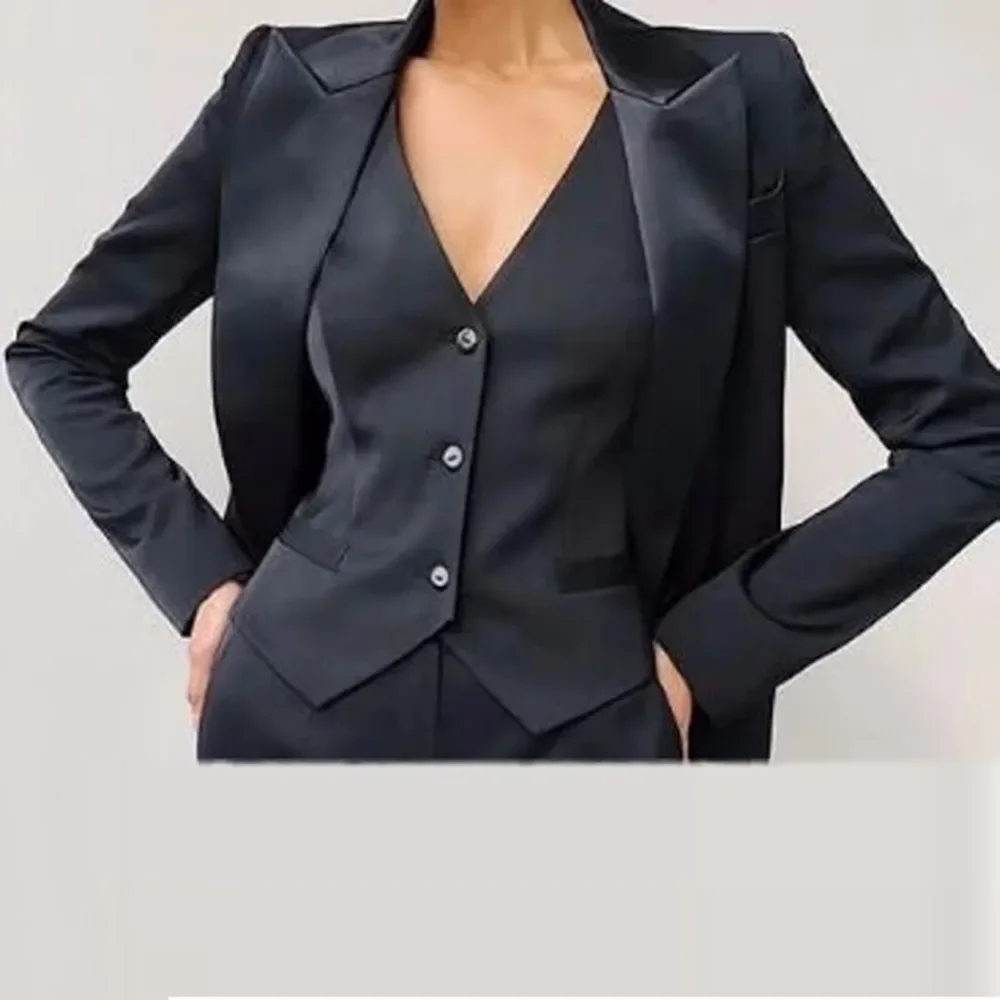 Black Satin Peak Lapel Women Suits 3 Piece Classic One Button Solid Slim Casual Wear Elegant Business Office Lady Pants Sets