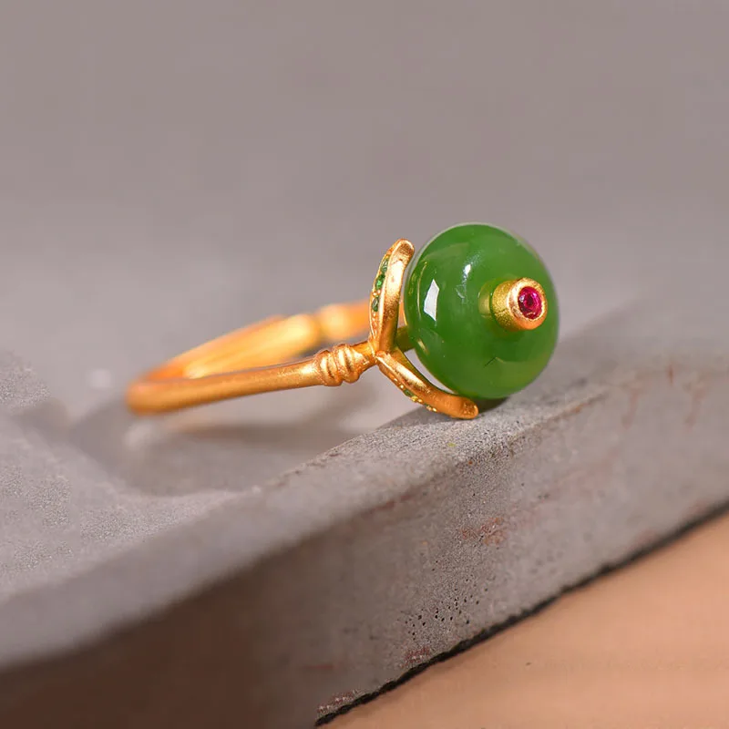 Ancient gold craft Natural Hetian jade vintage charm unique square design rings for women adjustable stylish fresh party jewelry