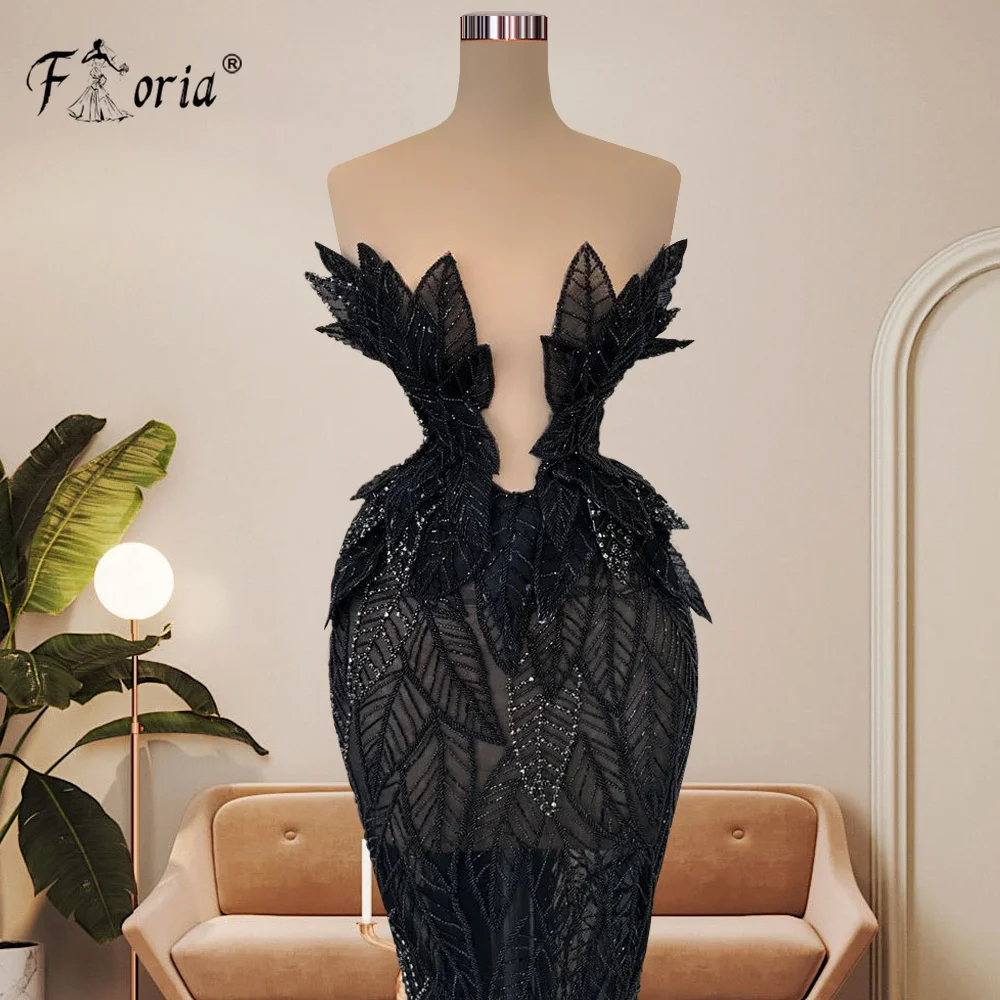 Black 3D Lace Leaves Prom Dresses Floor Length See Through Long Cocktail Party Dress Couture Evening Gowns Plus Size 2024 New