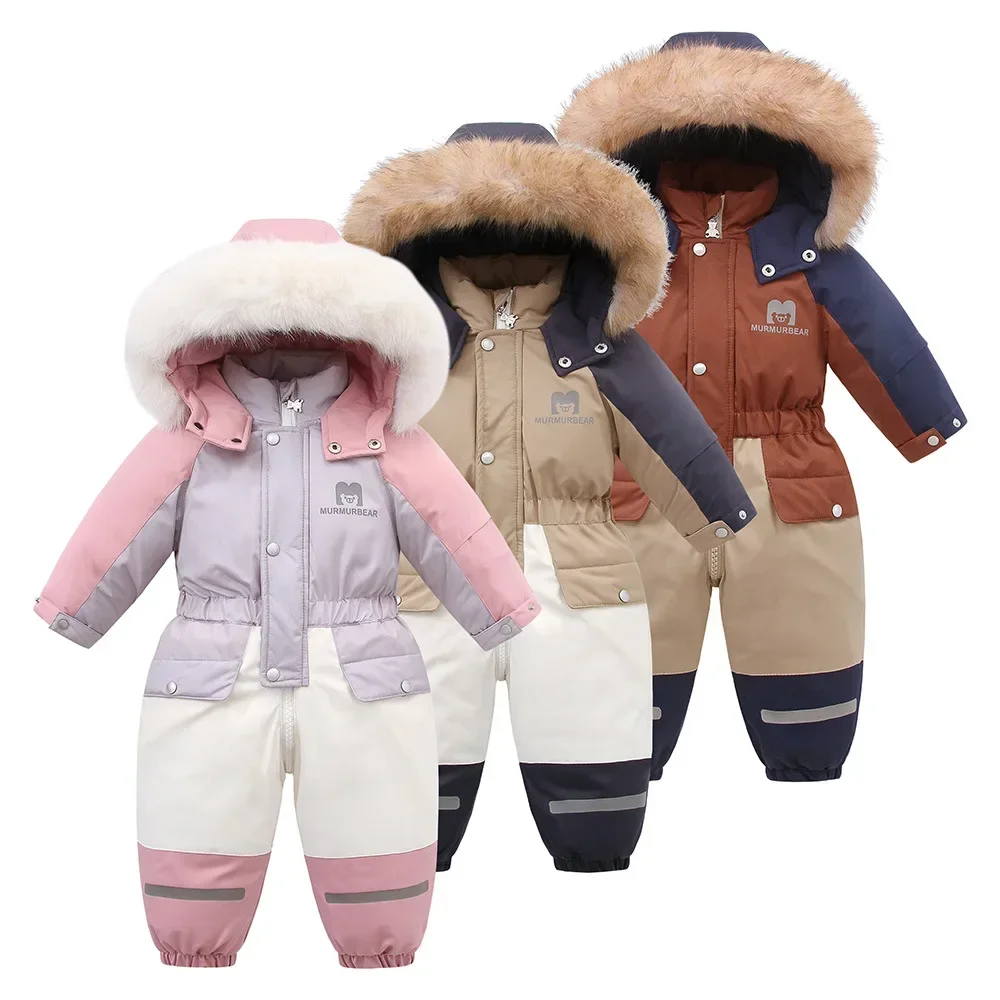 2024 -30 Degree Kids Winter Jumpsuit Plus velvet Warm Children Winter Overalls 1-5 Years Baby Boy Ski Suit Infant Girl Romper