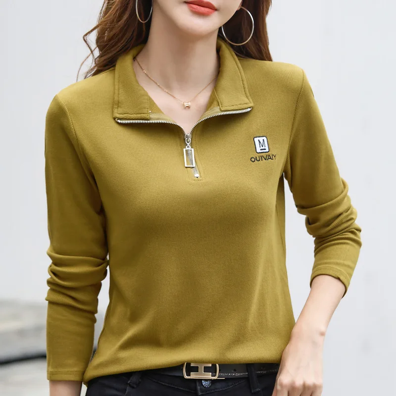 #0382 Autumn Winter Long Sleeve T Shirt Women Solid Color Embroidery Slim Cotton Turn-down Collar Office Short T Shirt Female