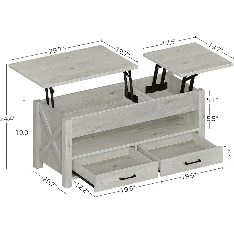 Mesa de centro, mesa de centro elevable de 47,2 pulgadas con 2 cajones de almacenamiento y compartimento oculto, mesa central retro