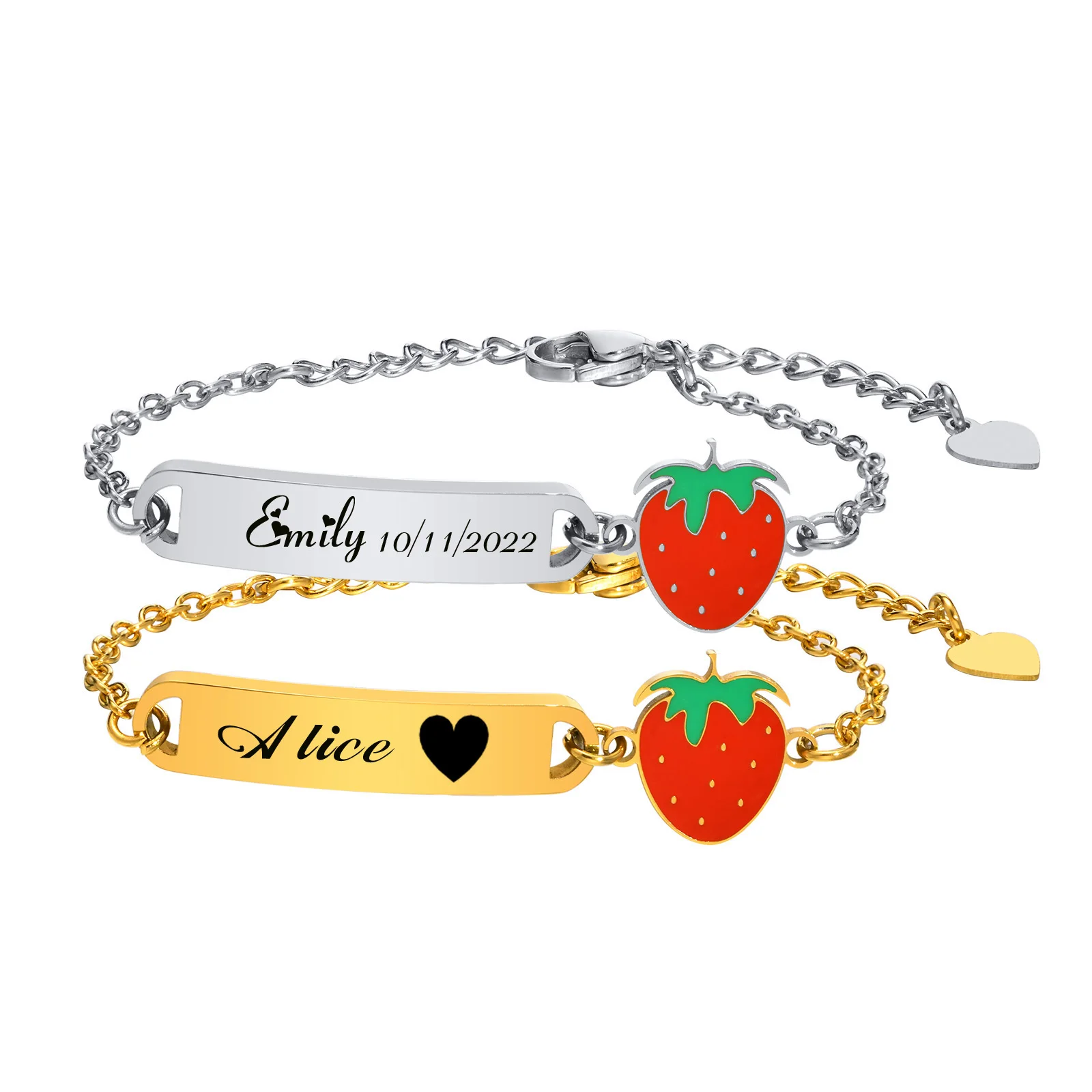 Personalized Strawberry Bracelet, Customized Name Bracelet for Little Boy Girl, Stainless Steel Cute Birthday Gift