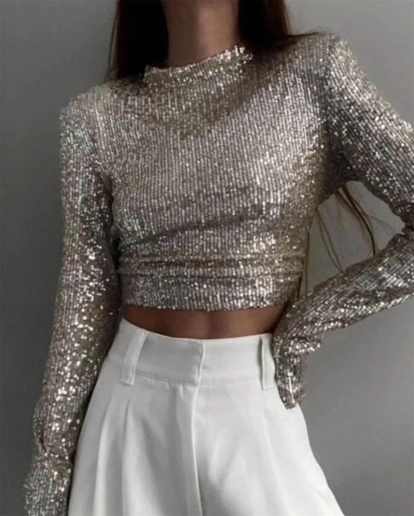 Women Sequined Long Sleeve Crop Top SilverSolid O-neck Slim Fit Glitter Shiny Tshirts Fashion Party Club Wears