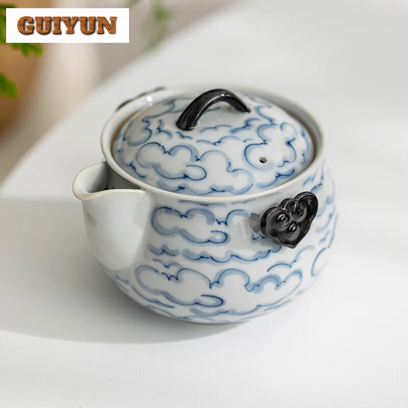 Hand-painted Auspicious Cloud Tea Set Boutique Portable Travel Hand-grasp Pot Set Vintage Teapot and Tea Cup Set Drinkware Craft