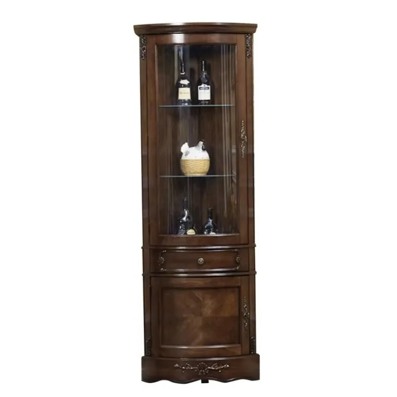 

Glass Door Corner Cabinet Walnut Solid Wood Living Room Wine Cabinet Luxury Design Storage Cabinet Glass Display