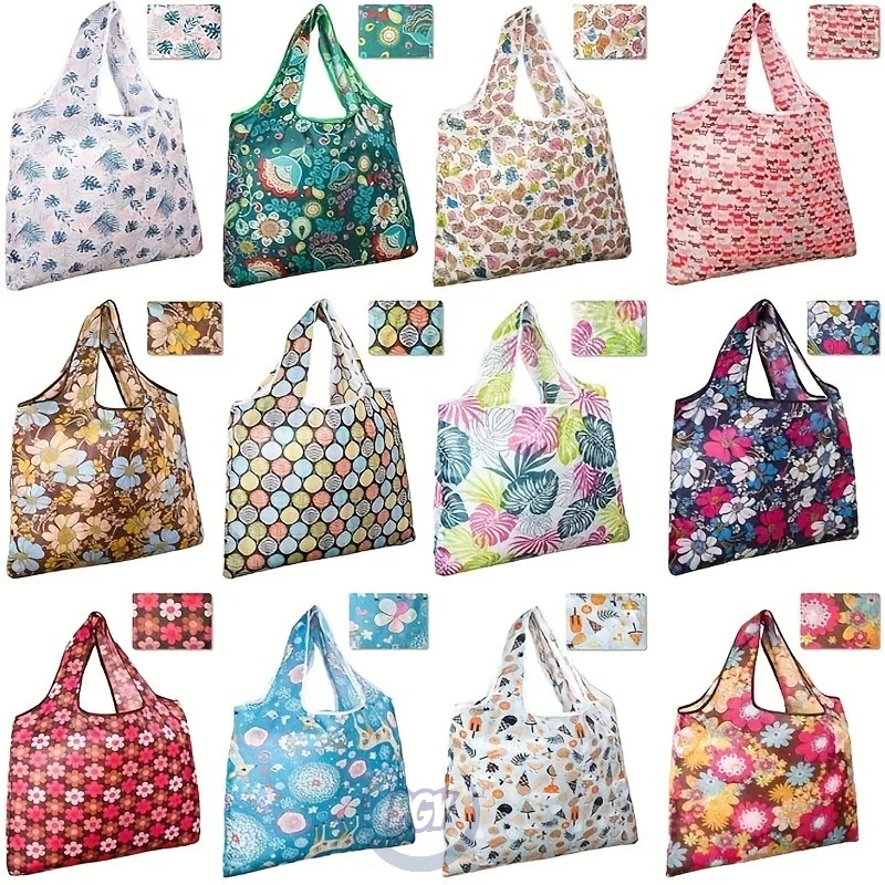 

12 шт. многоразовые большие сумки для продуктов с ручками, яркие цветочные и пейсли, прочный полиэстер, складные и разноцветные сумки для покупок