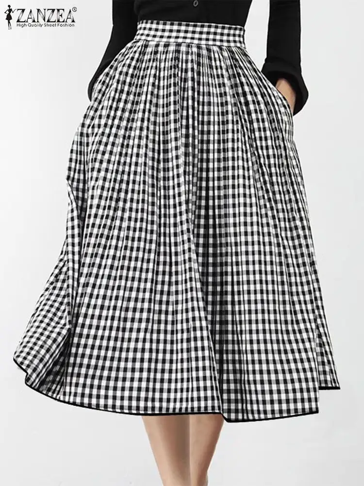 ZANZEA Autumn 2024 A-line Pocket Faldas Women High Waisted Midi Skirt Fashion Casual Plaid Jupe Holiday Oversized Long Overskirt