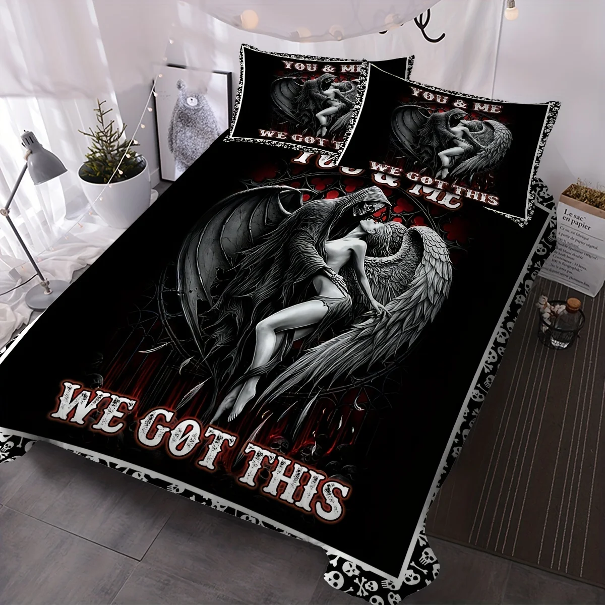 3pcs Soft and Comfortable Death and Angel Print Duvet Cover Set for Bedroom and Guest Room - Includes 1 Duvet Cover and 2 Pillow