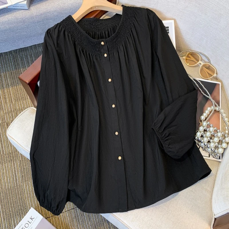 

Женские весенне-осенние новые поступления 2024, топы с круглым вырезом и рукавами-фонариками, блузки больших размеров, женские свободные однобортные рубашки