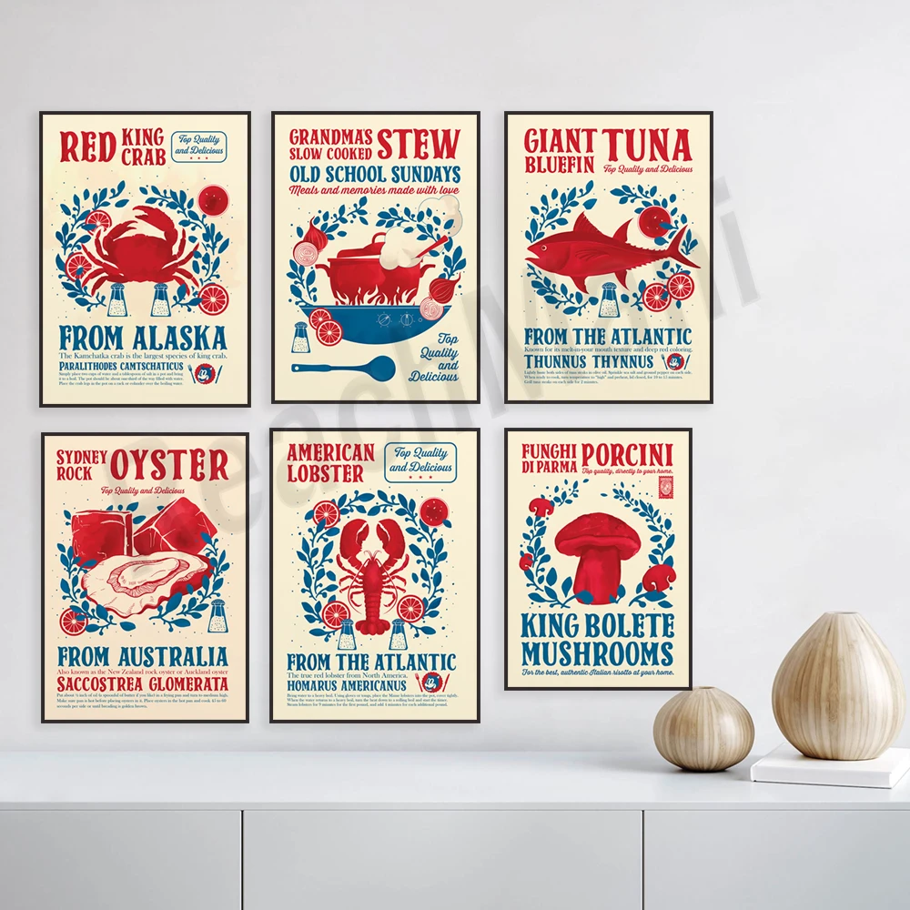 Cartel de cocina de Arte de comida, estofado de abuela, atún azul, ostras, cangrejo rojo Rey, langosta, piña portuguesa, seta porcini
