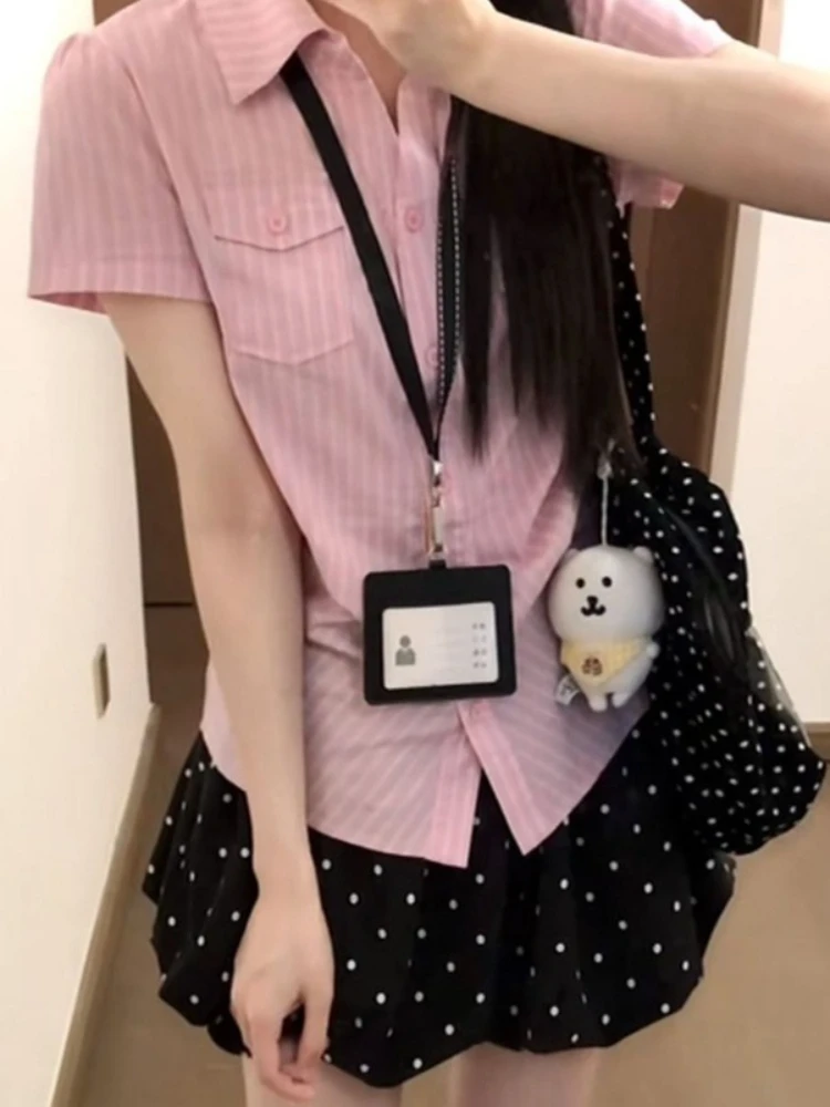 Korean Sweet Short Sleeve High Waist 2 Piece Sets Women Pink Shirt Polka Dot Puff Skirt Suits Gentle Preppy School Daily Commute