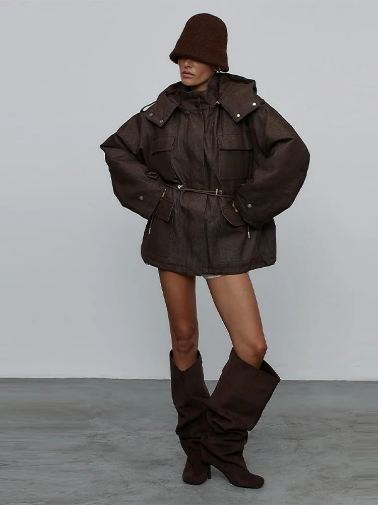 Kapuzenjacke mit Mehreren Taschen und Kordelzug für Damen, Streetwear-Stil mit Stehkragen, Epauletten, Langen Ärmeln, Locker Geschnittene Mäntel, Schicke Damen-Oberbekleidung – Detail 23