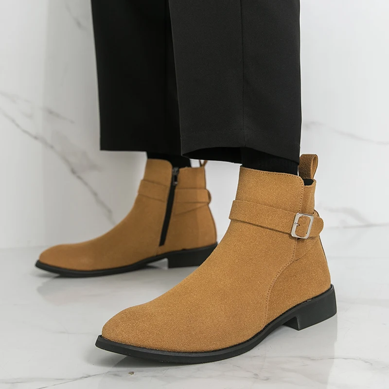 

Autumn New Men's Comfortable Side Zipper High Top Leather Shoes Fashionable Frosted Leather Breathable Pointed Business Boots