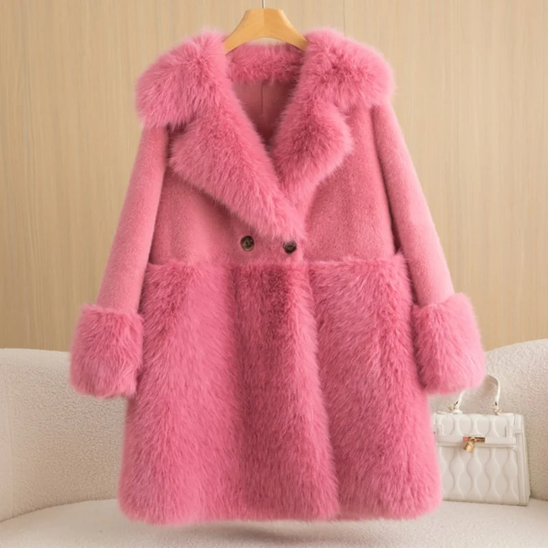 Winter Warm Women's Coat Refined Imitation Gold Mink Velvet Long-Cut Coat Comfortable Big Fur Collar Windproof Women's Clothing