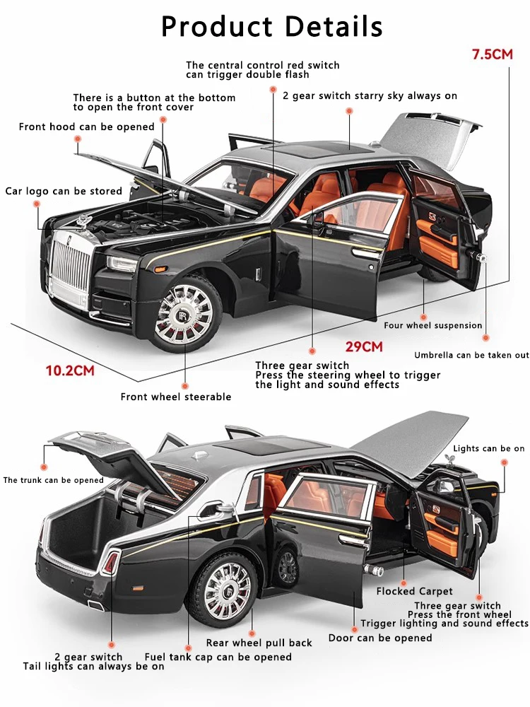 1:18 Large Rolls-Royce Phantom Model Simulation Sound And Light Pull Back Toy Car Luxury Metal Boy Collection Decoration Gift