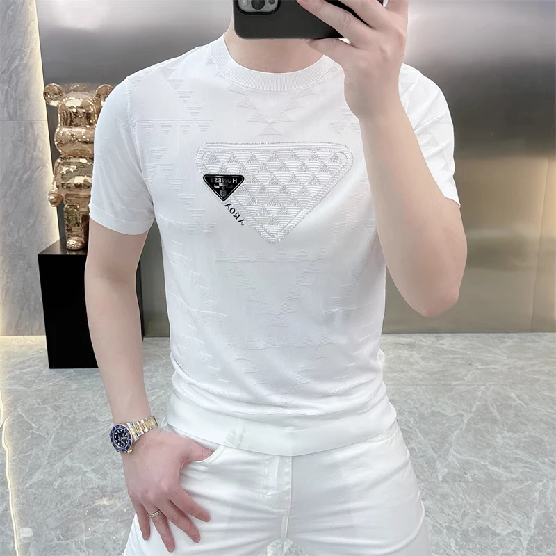 Brand Summer Knitted T-shirt for Men Ice Silk Breathable Short Sleeved T-shirts Slim Fit Round Necked Casual Business Tee Tops