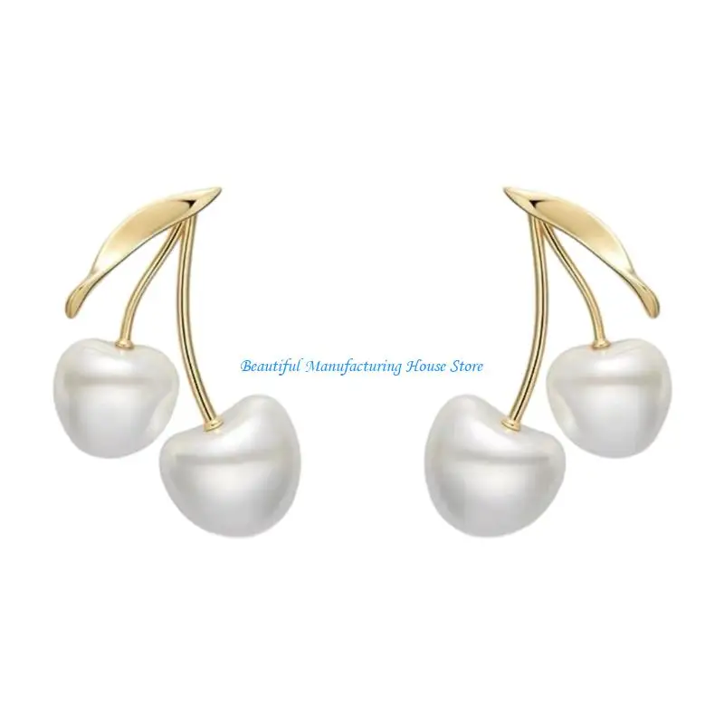 

E56A Cherries Pearls Drop Earrings Copper Made Jewelry For Daily Use Evening Party Accessories