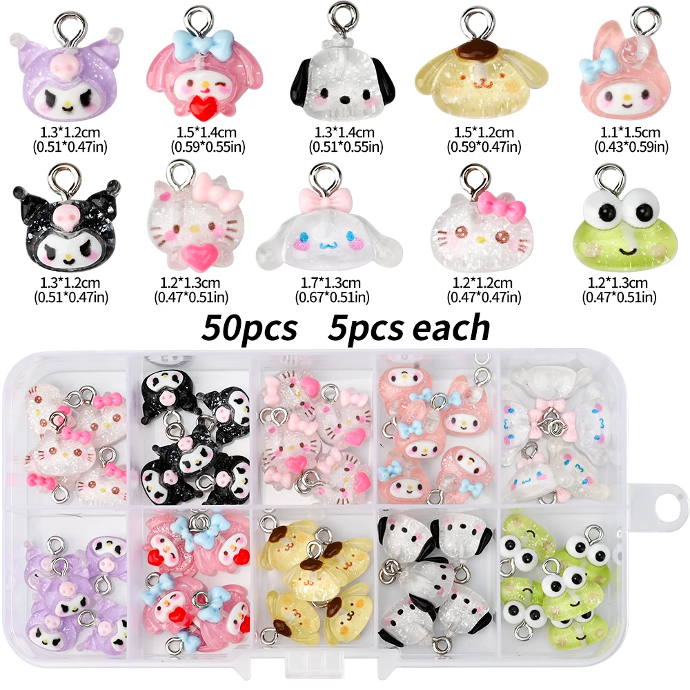 36/42/50/70Pcs MINISO Kawaii Kuromi Hellokitty Nail Charms 1Box Cartoon Resin Hello Kitty Kuromi Nail Art With Hoop Cute Craft