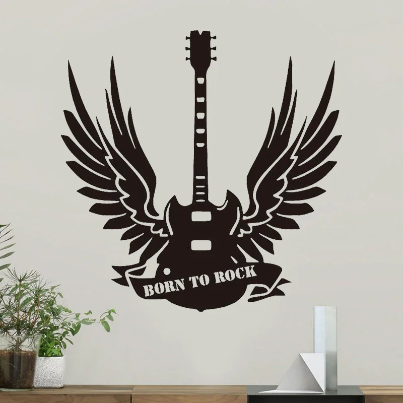 Born To Rock Wings Guitar Wall Sticker Vinyl Art Home Decor Boys Teen Room Bedroom Decoration Music Decals Removable Murals D550