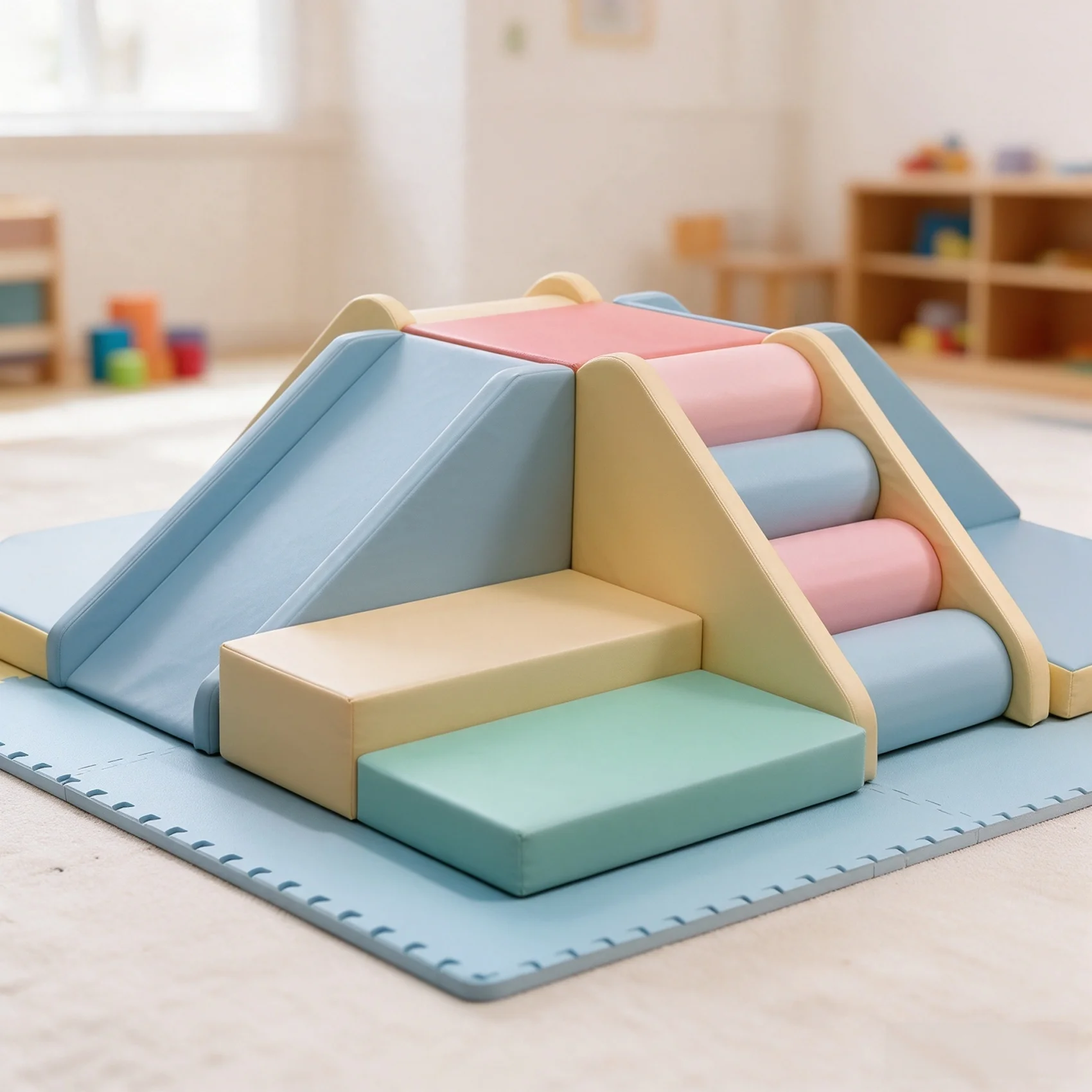 Pastel Soft Play Foam Pyramid Climber with Slide, Toddler Indoor Playground Equipment for Mall Birthday Party Event Rental