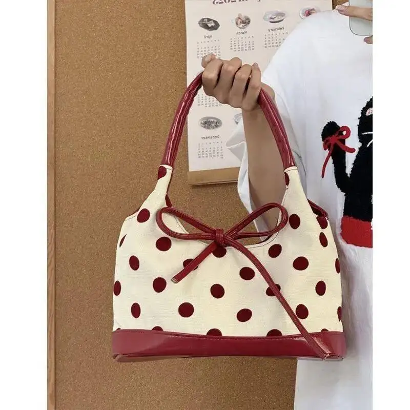 Bloom Retro Dot Red Handbag Women Versatile Bow Large Capacity Casual Shoulder Bags Ladies Sweet Cute Underarm Bag Aesthetic
