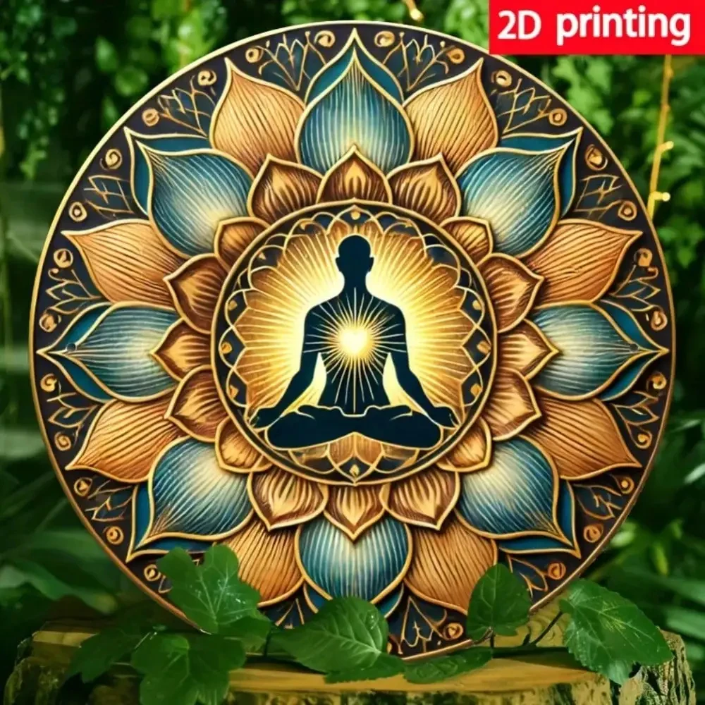 Spiritual Enlightenment 2D Printing High-Definition Metal Wall Art Golden Blue Mandala Lotus and Meditating Buddha Silhouette