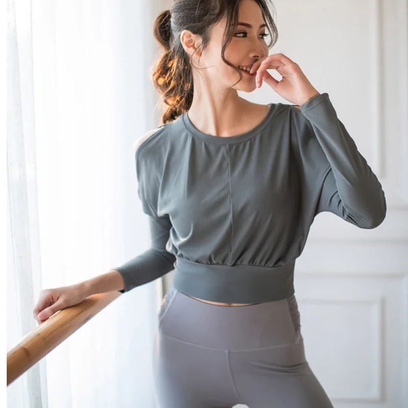 

Women New Autumn Sports Yoga shirt Fitness Running Rib Shoulder Long Sleeve Loose Waist Sports Yoga Clothes