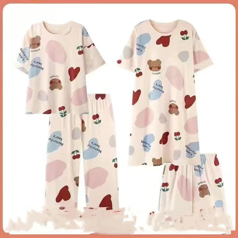 Women Summer Four Pieces Set Short Pajama With Nightdress Short Sleeve Top Shorts Pants7 Thin Printing Cartoon O-neck Loose Cute