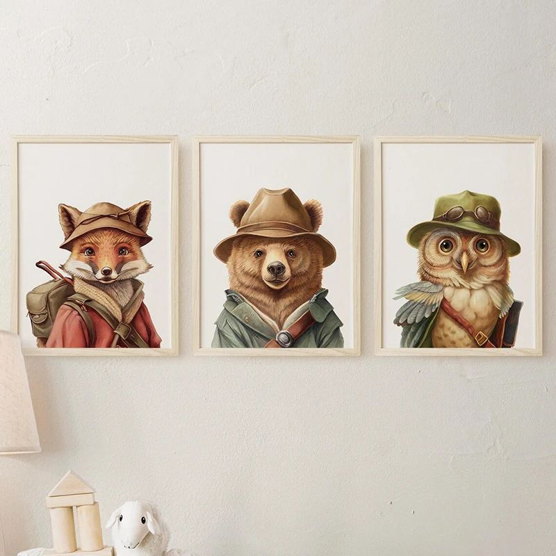 Animal Explorer Poster Prints Fox Bear Owl Nursery Wall Art Canvas Painting Nature Friends Picture Kids Room Adventure Decor