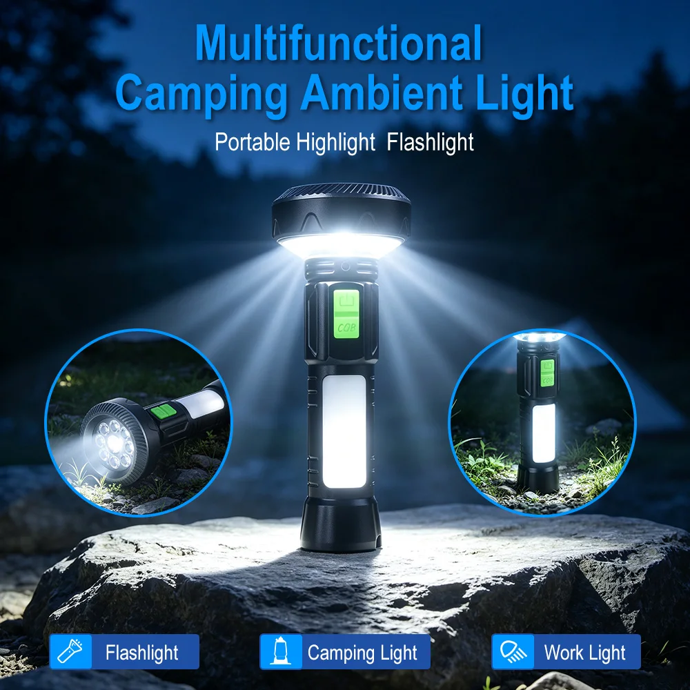 BORUiT Multifunctional Camping Flashlight LED COB Type-C Rechargeable Torch With Magnetic 11 Lighting Modes Built-in Battery