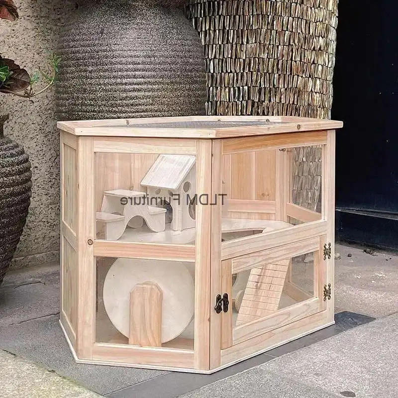 Double Transparent Solid Breathable House Wood Castle Hamster Layer Nest Villa Hamsters Cages Supplies for Acrylic Living Room M
