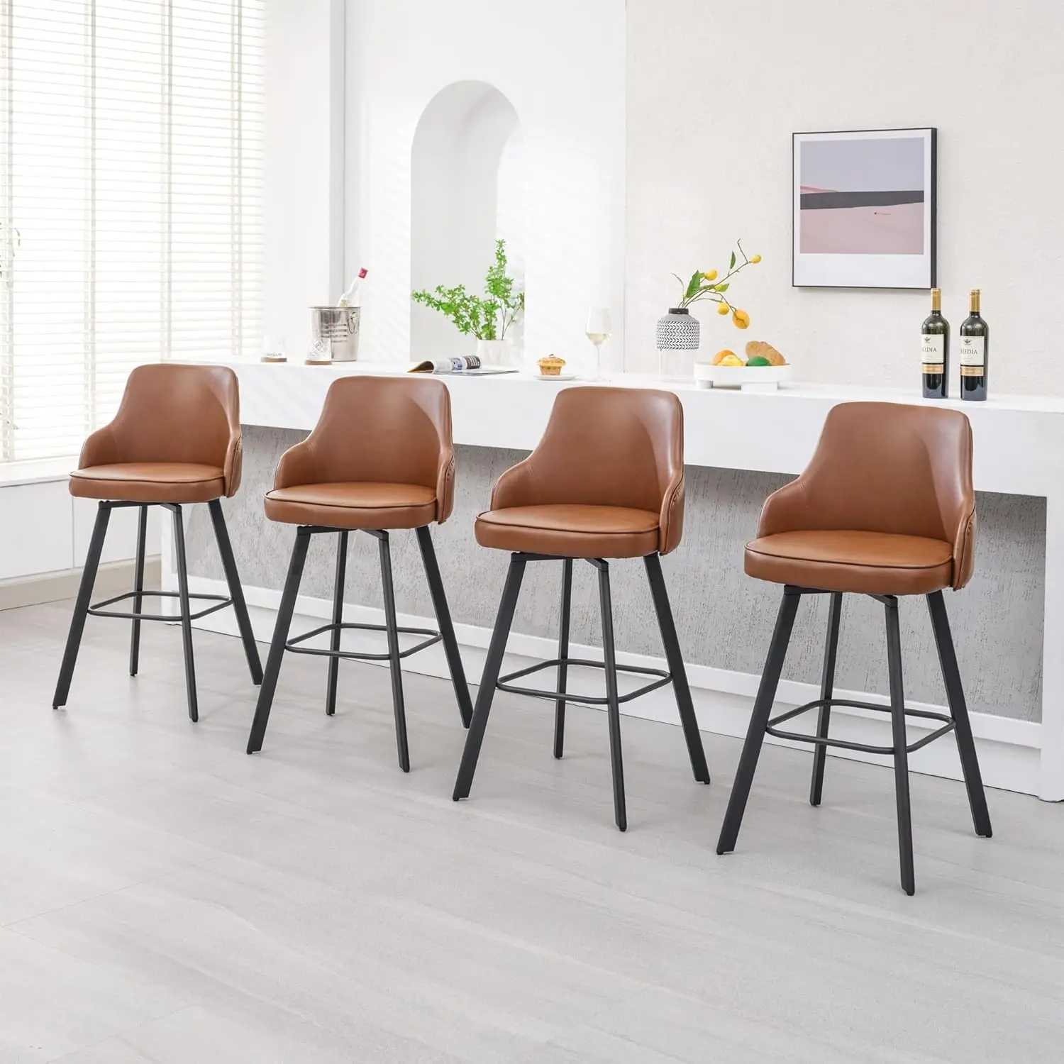 Bar Stools Set of 4, 30' Swivel High Back Faux Leather Bar Chairs, Dark Brown, Kitchen Island Bar Stools