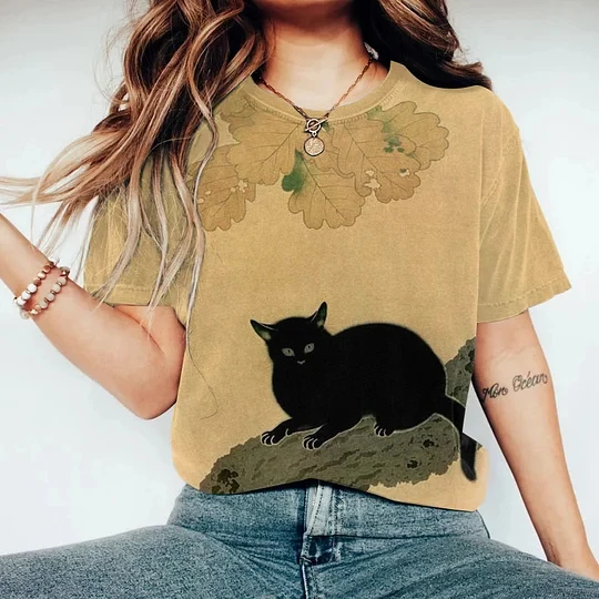 

Japenese Art Style Black Cat Abstract Pattern Women T Shirt Spring Summer Women O Neck Short Sleeved T Shirt