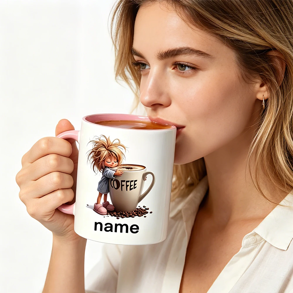 Personalized Ceramic Mug - Cute Girl Hug Coffee Mug, Customizable with Name, A Perfect Gift for Coffee Lovers