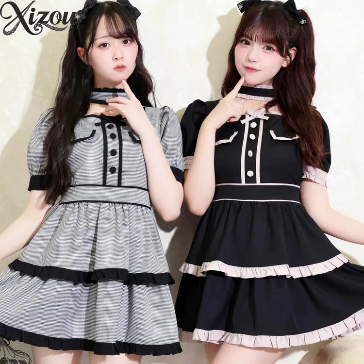 Women Plaid Contrast Ruffle Trim Bow Stand Collar Puff Short Sleeve Dress High Waist Layered Sweet Lolita Dresses Summer