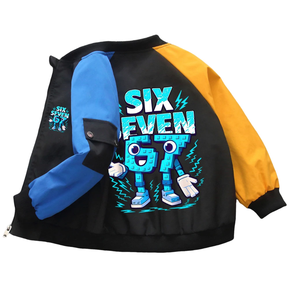 Kinder 67 Nummer Meme Bomberjacke Italienisch inspirierte Brainrot Cartoon Baseballjacke Lässige Colorblock Windjacke für Jungen und Mädchen