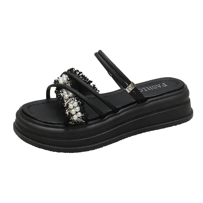 2024 New Fashion Summer Round Open Toe Sexy Thick Bottom Pearl Women\'s Versatile Casual Beach Large Size Flat Sandals 35-42