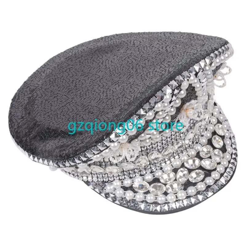 

K3NF Bride Hat Shimmering Rhinestones Captain Hat Crystal Sailor Hat for Music Festivals Sparkly Crystal Rivets Captain Hat