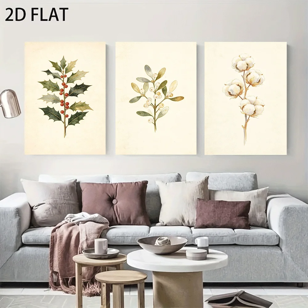 2D Flat, 2D Flat, Posters And Prints Watercolor Holly Mistletoe Winter Holiday Vibe European American Home Wall Decor, 3pcs F