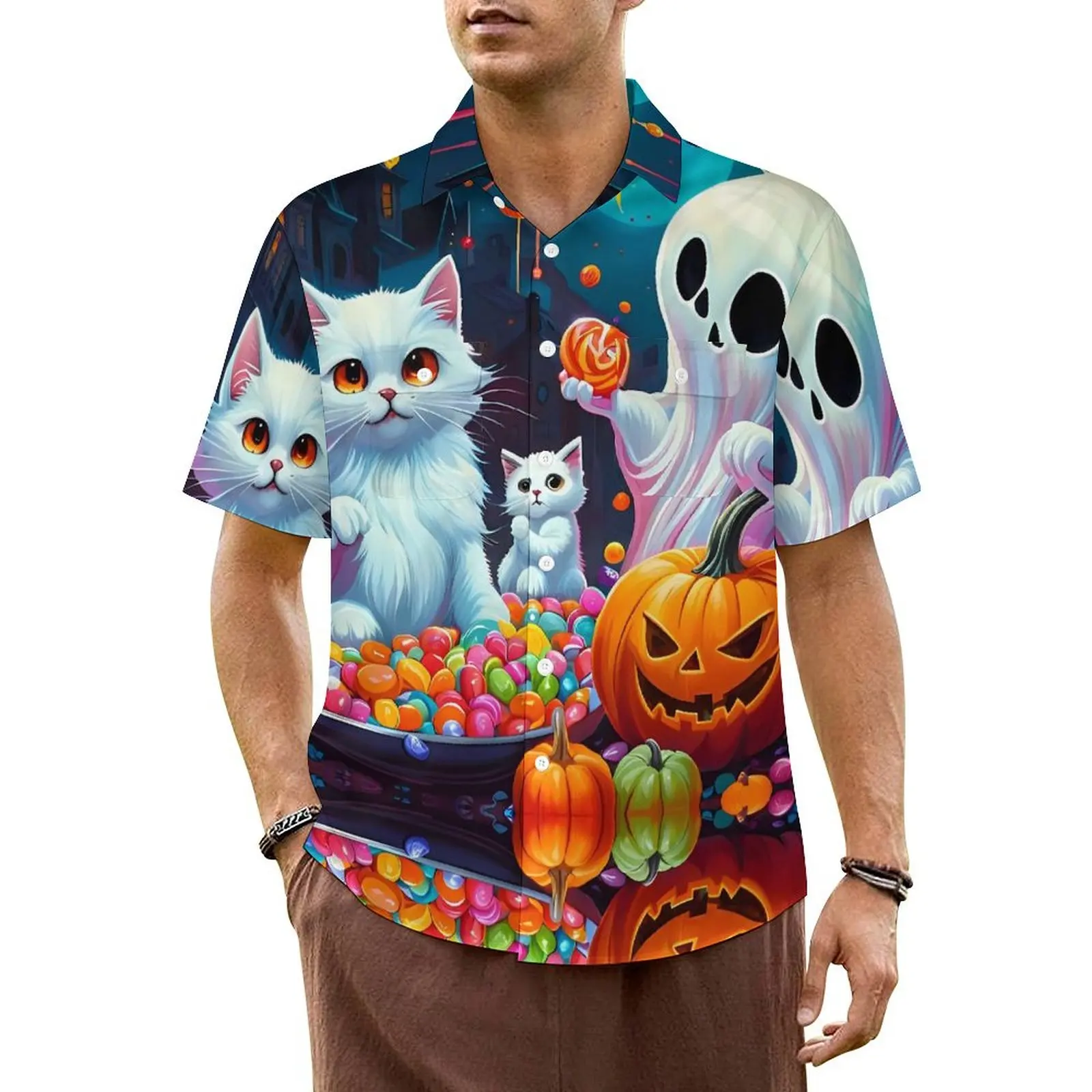 Camisa informal de manga corta para hombre, blusa de gran tamaño con estampado de calabazas, fantasma, gatito, feliz Halloween, vacaciones, Verano