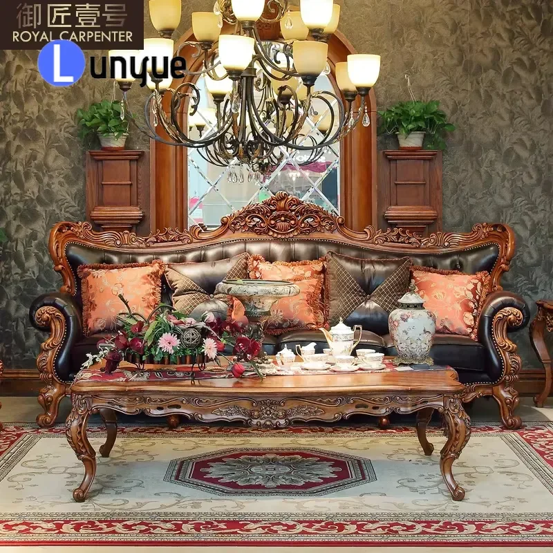 Modern European Style Vintage American Brown Leather Sofa Set 4 Seater Luxury Furniture for Large Living Room Villa Home