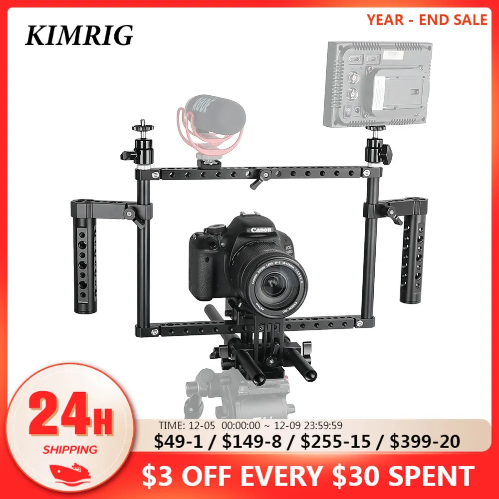 KIMRIG 60D,70D,80D,5D MarkII Full Frame DSLR Camera Cage Rig With Adjustable Dual Cheese Handgrip For Canon Sony  Panasonnic